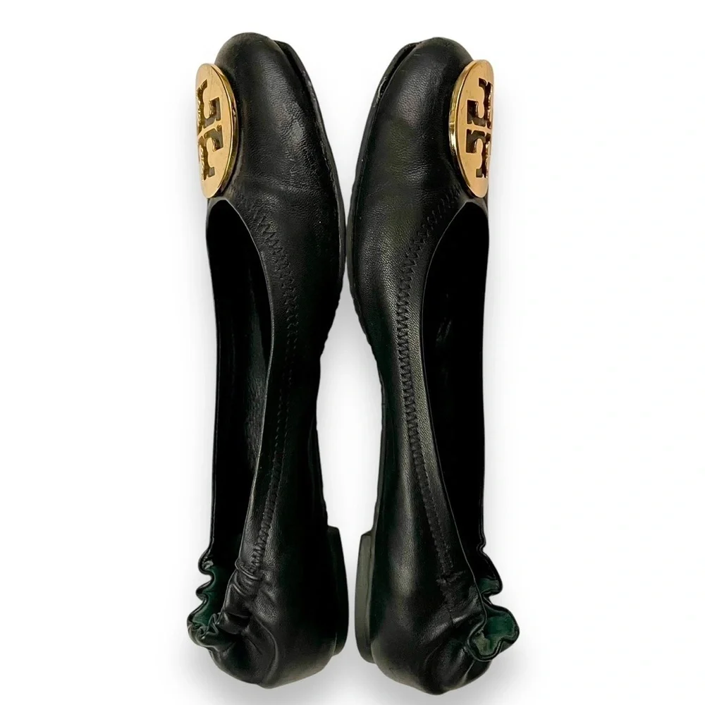 Tory Burch Reva Black Leather Ballet Flats Gold Logo Size 7.5